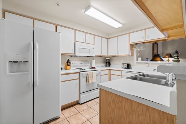 kitchen featuring sink, light tile patterned floors, white appliances, and white cabinets