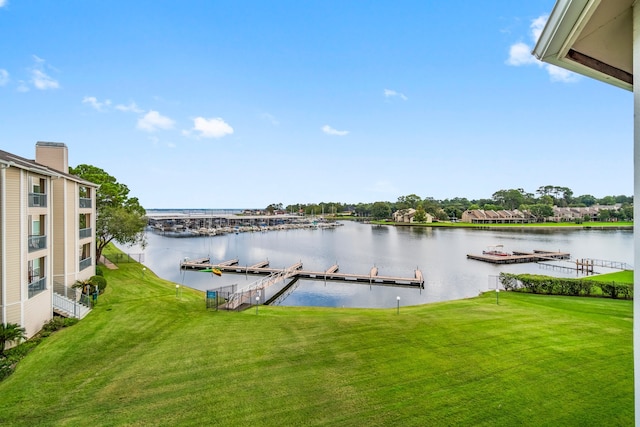 view of water feature with a dock