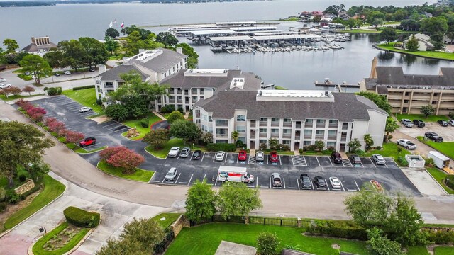 aerial view featuring a water view