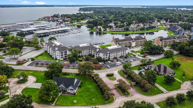 drone / aerial view with a water view