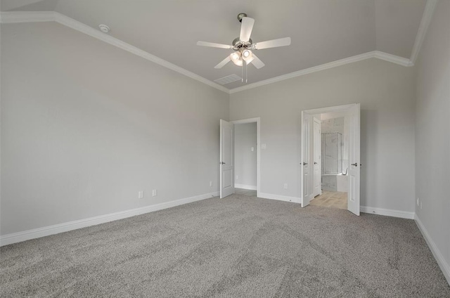 unfurnished bedroom with lofted ceiling, ceiling fan, light colored carpet, and crown molding