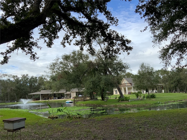 view of property's community featuring a water view and a yard