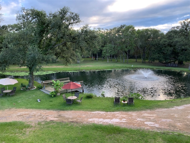 view of home's community featuring a water view and a lawn