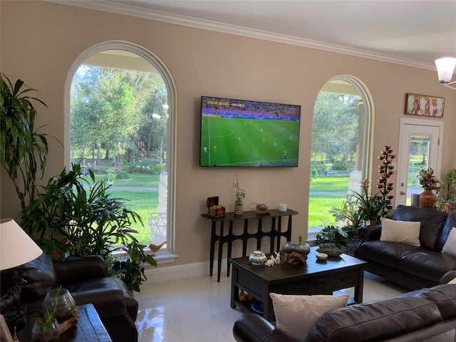 living room featuring ornamental molding