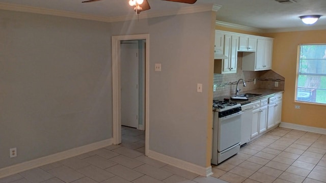 kitchen with light tile patterned flooring, sink, gas range gas stove, ceiling fan, and white cabinets