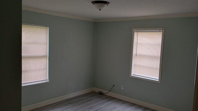 unfurnished room featuring a wealth of natural light, crown molding, and wood-type flooring