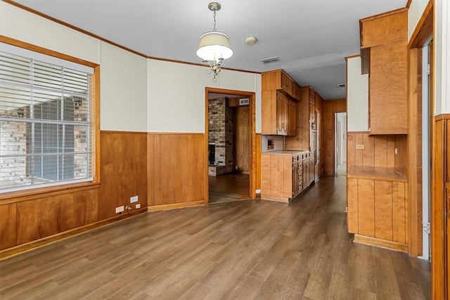 kitchen with decorative light fixtures, wood walls, dark hardwood / wood-style floors, and ornamental molding