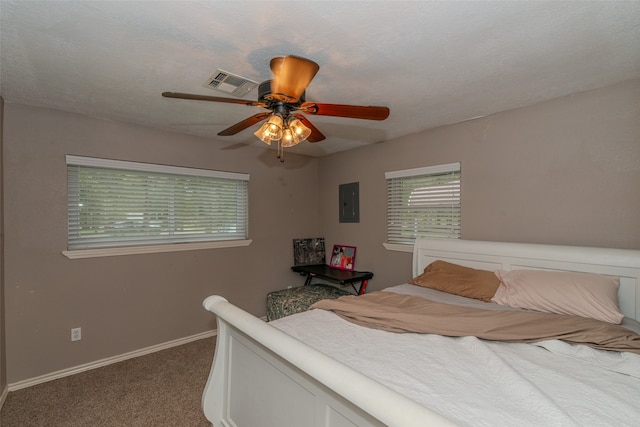 bedroom featuring ceiling fan, electric panel, a textured ceiling, and dark colored carpet