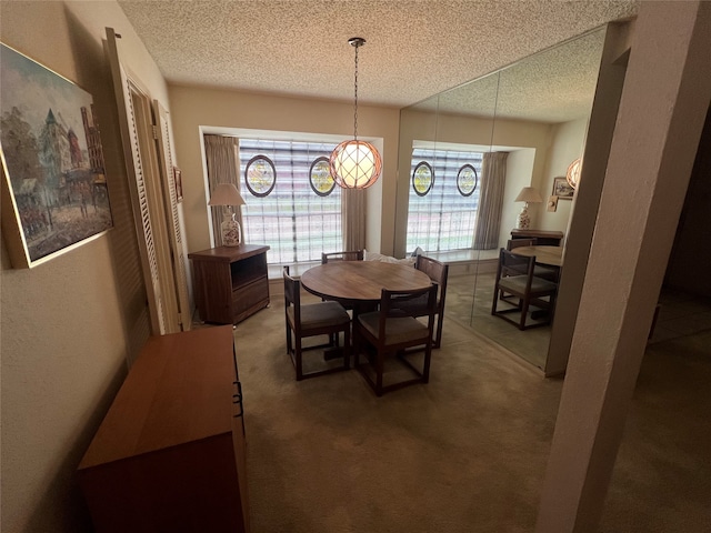 dining space featuring carpet floors and a textured ceiling