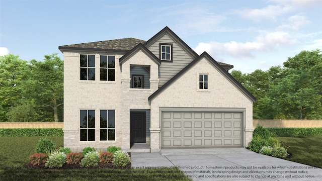 view of front of property featuring concrete driveway, brick siding, fence, and an attached garage