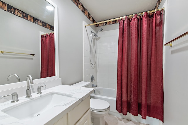 full bathroom featuring toilet, vanity, and shower / bathtub combination with curtain