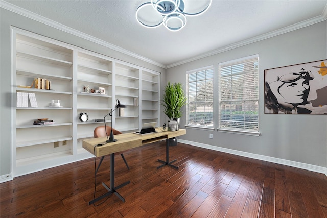 office area with ornamental molding, built in shelves, dark hardwood / wood-style flooring, and a textured ceiling