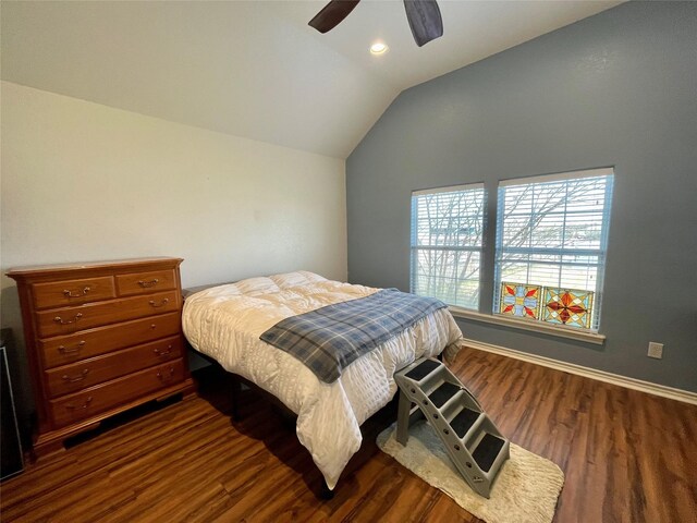 bedroom featuring recessed lighting, dark wood-style flooring, a ceiling fan, baseboards, and vaulted ceiling