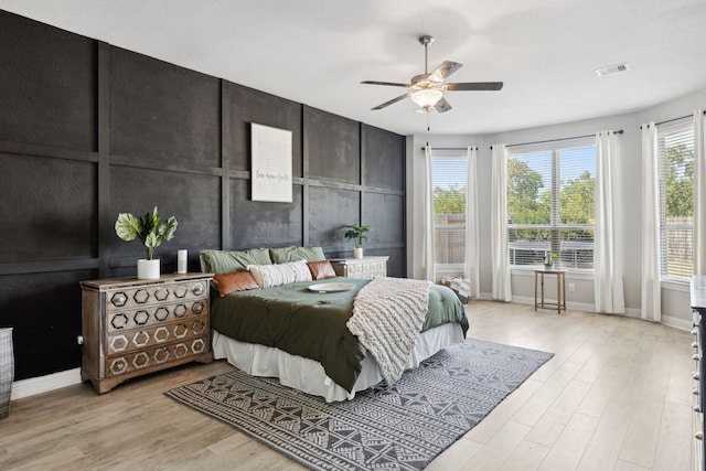 bedroom featuring light hardwood / wood-style floors and ceiling fan