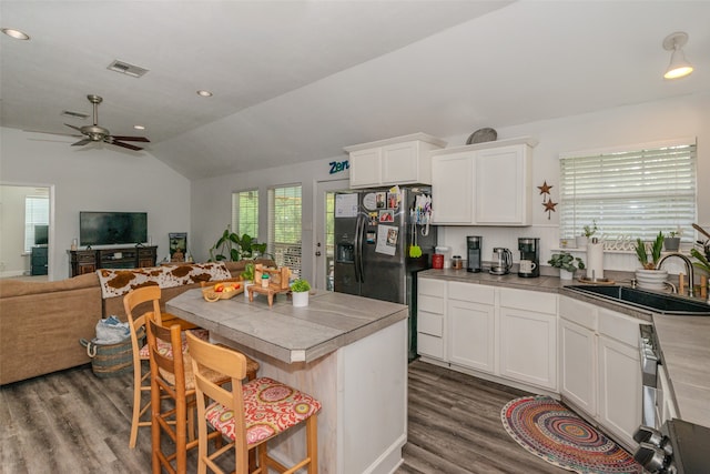 kitchen with lofted ceiling, dark wood-type flooring, ceiling fan, and a wealth of natural light