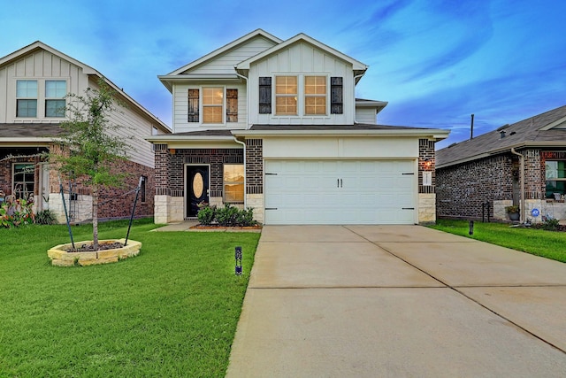 14242 W Pine Heart Dr, Conroe, TX 77302 - view of front facade with board and batten siding, an attached garage, a front lawn, driveway, and stone siding