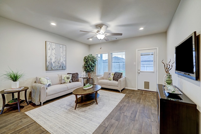 living room featuring ceiling fan and wood-type flooring