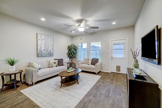 14242 W Pine Heart Dr, Conroe, TX 77302 - living area featuring a ceiling fan, dark wood finished floors, and recessed lighting