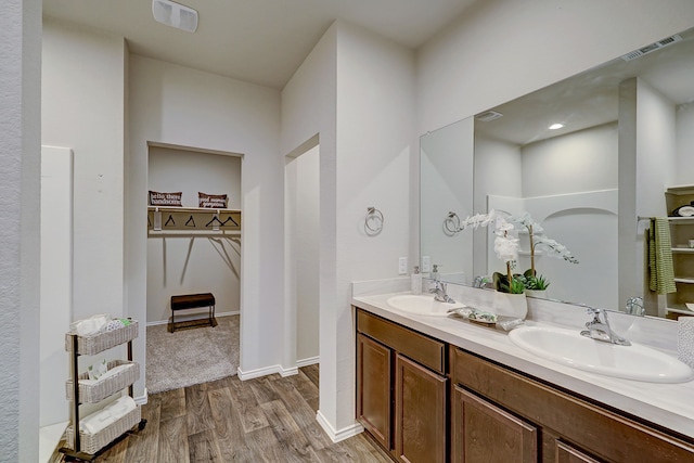 bathroom with hardwood / wood-style flooring and vanity