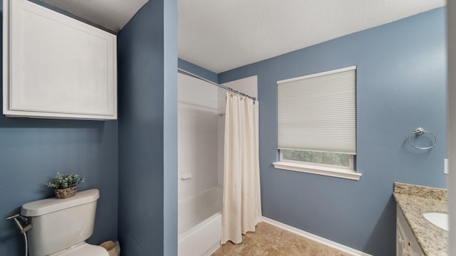 full bathroom with shower / bath combination with curtain, toilet, and vanity