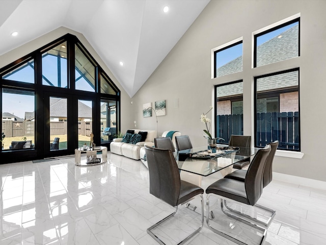 dining area featuring high vaulted ceiling