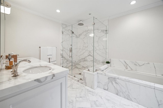 bathroom with vanity, separate shower and tub, and ornamental molding