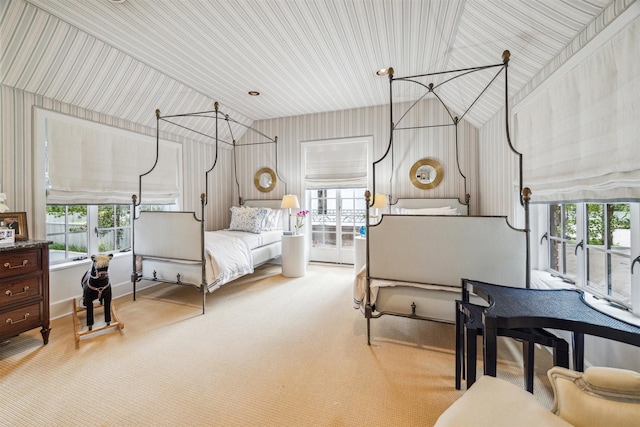 bedroom with carpet and wooden ceiling