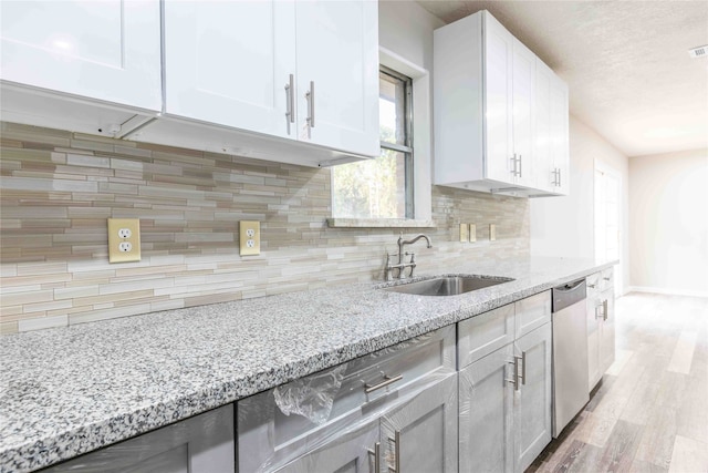 kitchen featuring dishwasher, light stone counters, sink, and white cabinetry