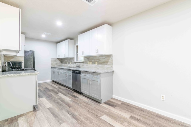 kitchen featuring backsplash, appliances with stainless steel finishes, sink, light wood-type flooring, and white cabinets