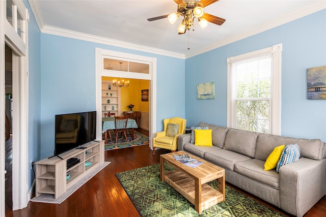 living room featuring ceiling fan with notable chandelier, dark wood-type flooring, and ornamental molding