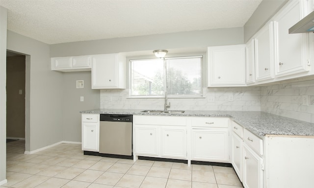 kitchen with dishwasher, sink, range hood, and white cabinets