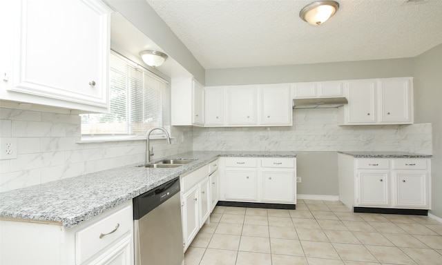 kitchen with stainless steel dishwasher, sink, decorative backsplash, and white cabinets