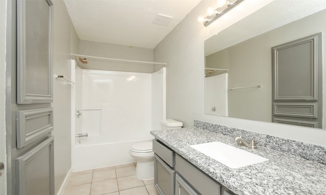 full bathroom with toilet, tile patterned flooring, vanity, a textured ceiling, and  shower combination