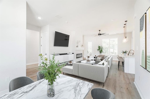 living room with light hardwood / wood-style floors, a fireplace, and ceiling fan