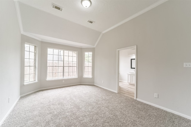 carpeted empty room with a wealth of natural light, crown molding, and vaulted ceiling