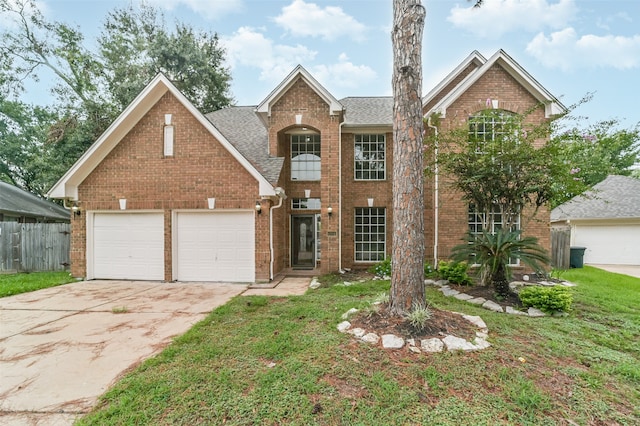 front facade featuring a front lawn and a garage