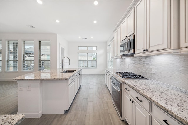 kitchen with white cabinets, light stone counters, stainless steel appliances, sink, and an island with sink