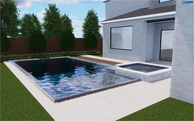 view of pool with a yard, a patio area, and an in ground hot tub