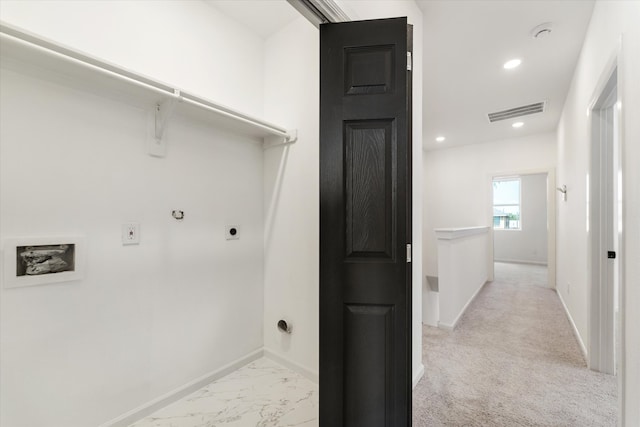 laundry room with light carpet, washer hookup, gas dryer hookup, and hookup for an electric dryer