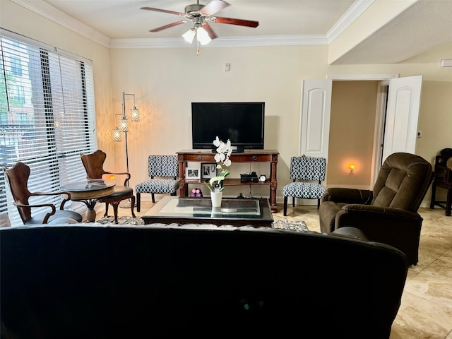 living room with ornamental molding and ceiling fan