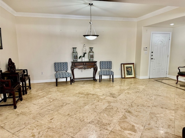 living area featuring crown molding