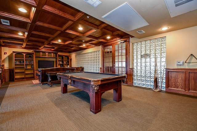 rec room with billiards, carpet, coffered ceiling, and beamed ceiling