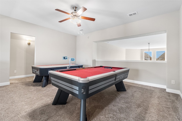 playroom with pool table, carpet, and ceiling fan