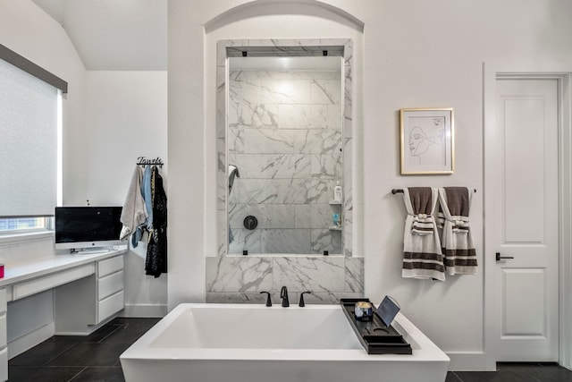 bathroom featuring vanity, tile patterned floors, vaulted ceiling, and shower with separate bathtub