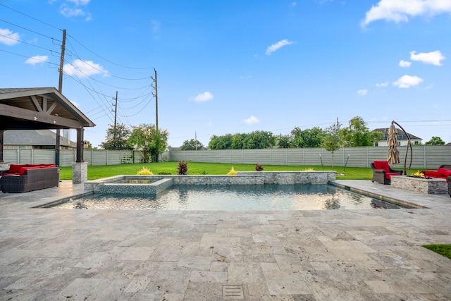 view of swimming pool with an outdoor living space with a fire pit and a patio