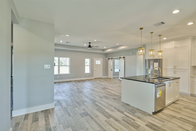 kitchen with a barn door, stainless steel appliances, sink, a tray ceiling, and ceiling fan