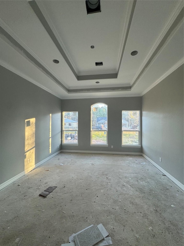 unfurnished room featuring a raised ceiling and crown molding