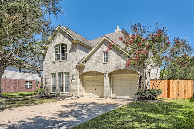 view of front facade with a garage and a front lawn