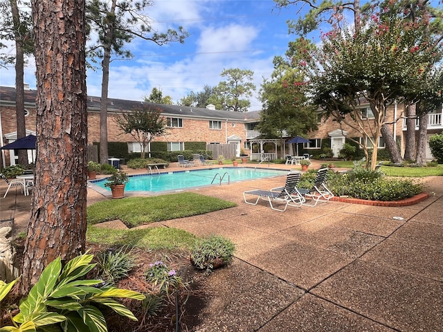 view of swimming pool featuring a patio area