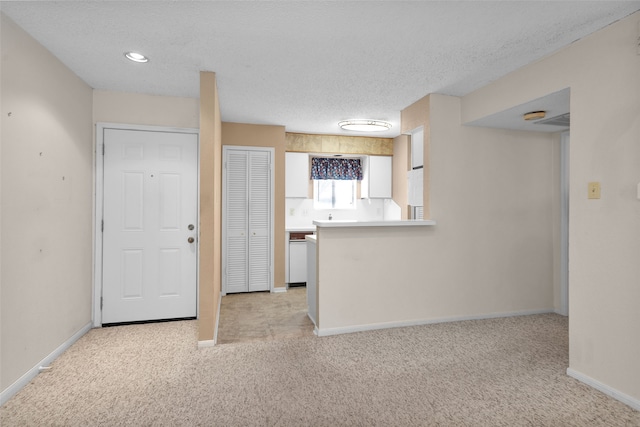 kitchen featuring light colored carpet and a textured ceiling